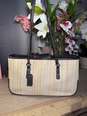 Coach Straw Shoulder Tote with Black Leather Trim vintage.